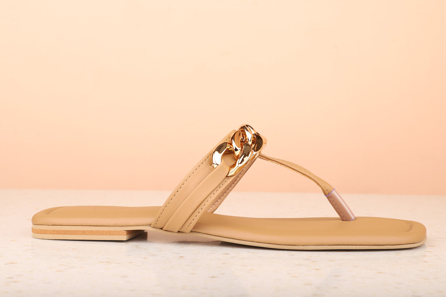 Women Beige Embellished T-Strap Flats