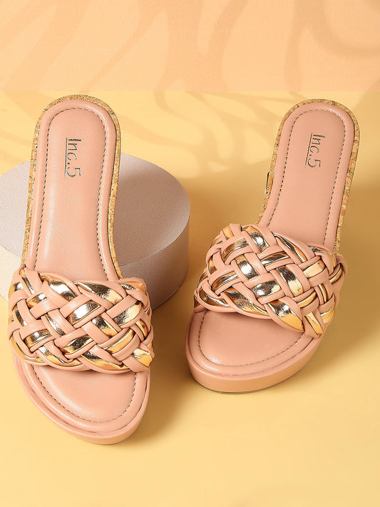 Women Peach Textured Embellished Wedge Heels
