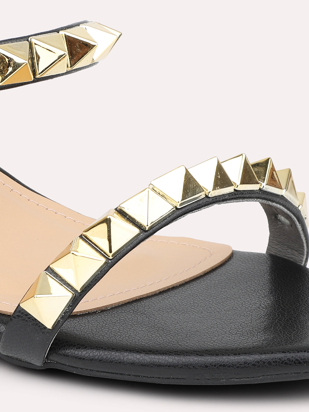 Women Black & Gold-Toned Studded Block Heels