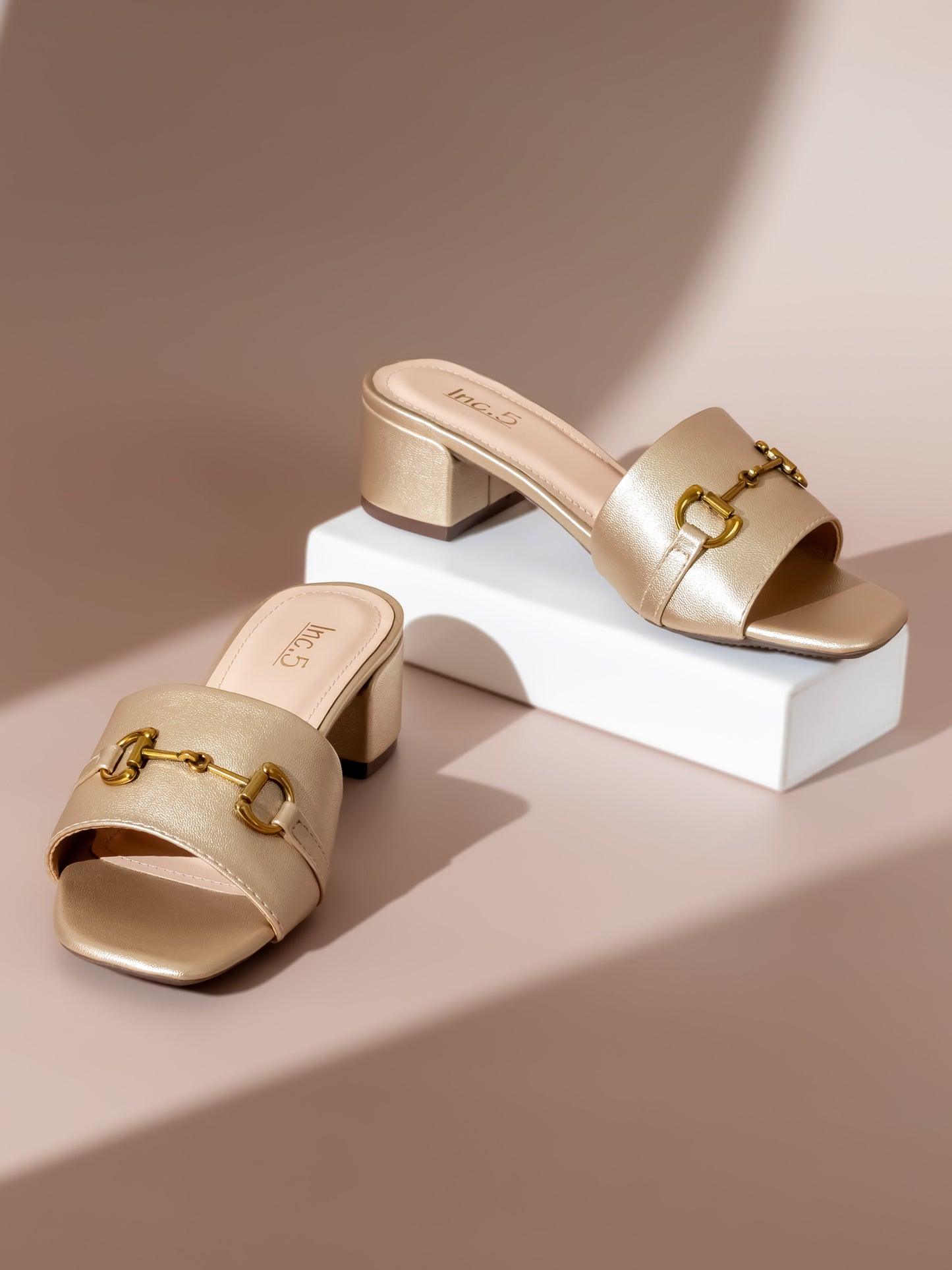 Women Gold Open Toe Block Heels With Buckle Detail