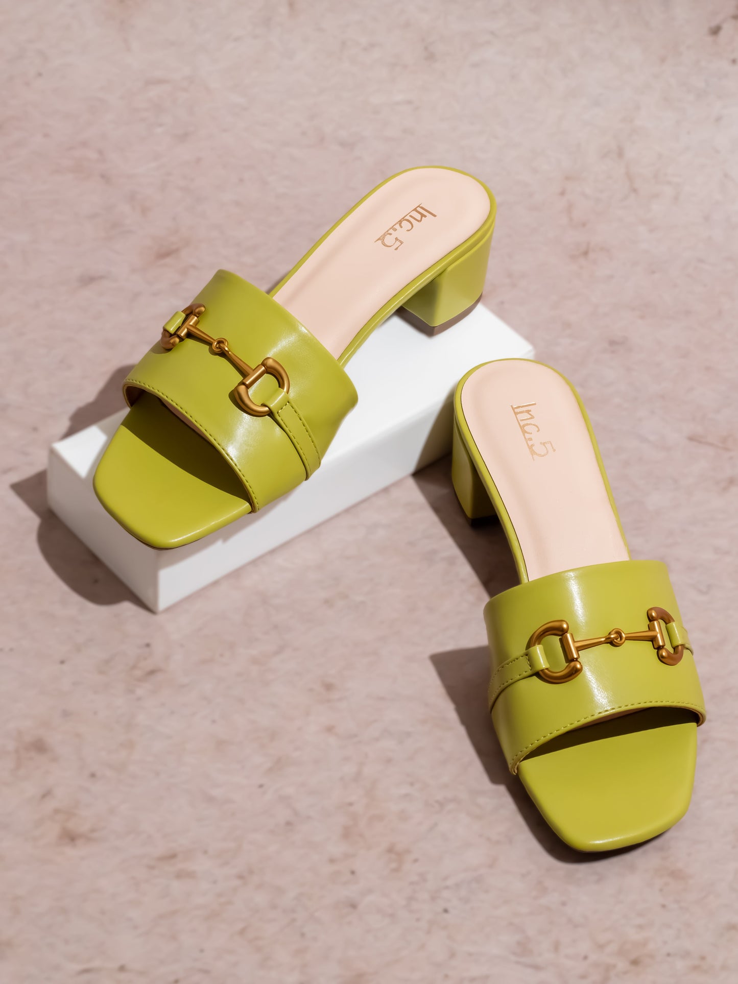 Women Green Open Toe Block Heels with Buckles