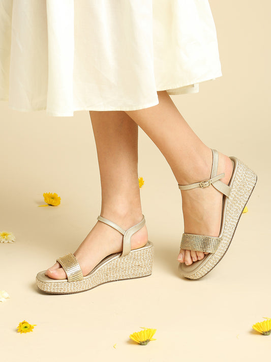 Women Gold Embellished Wedge Heels