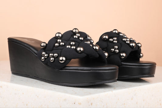 Women Black Embellished Wedge Sandals