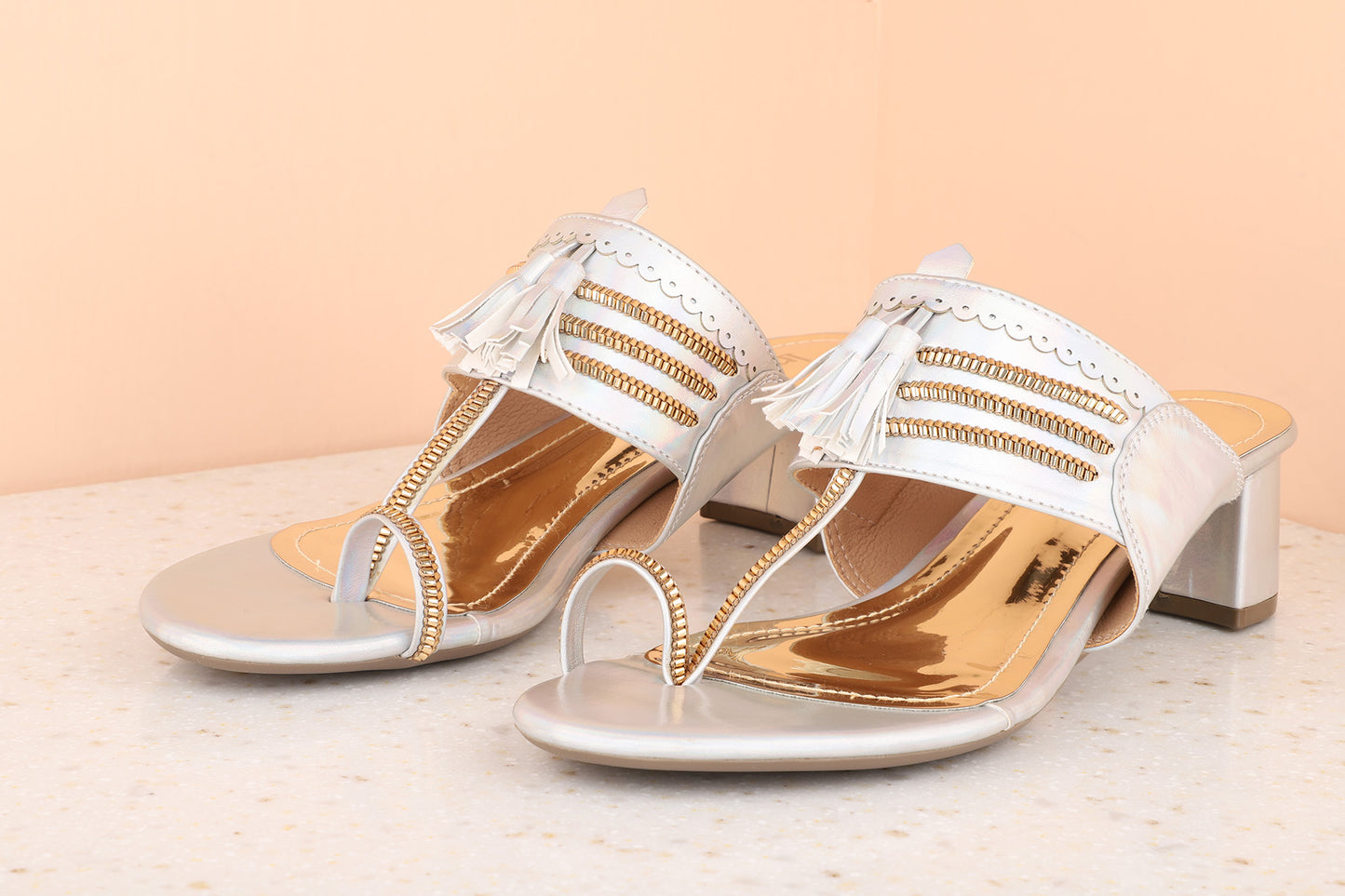 Women White Holographic One-Toe Block Heels