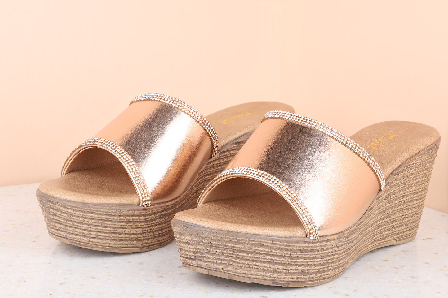 Women Rose Gold Embellished Wedge Heels