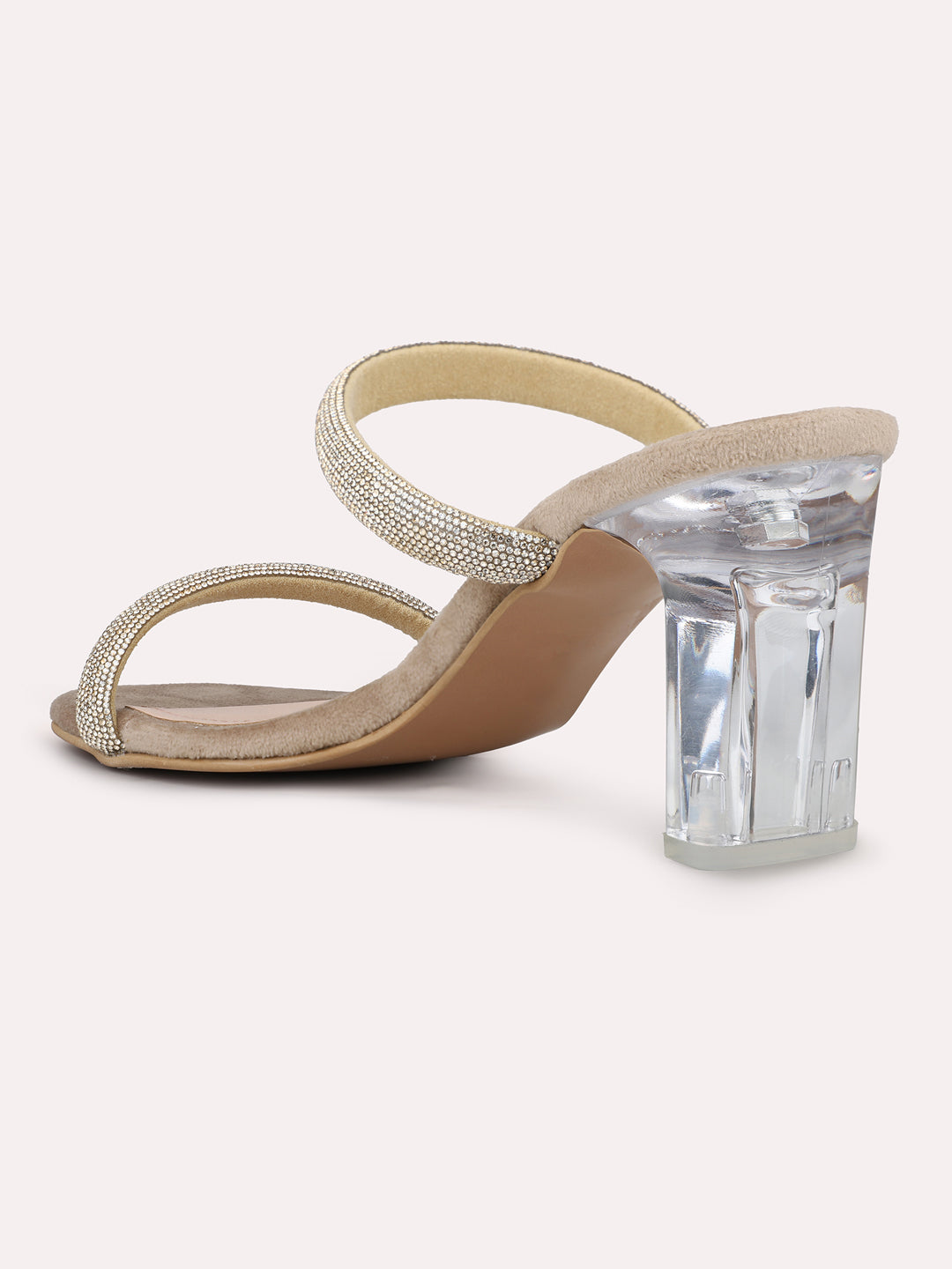 Women Beige And Silver-Toned Embellished Two Strap Party Block Heels