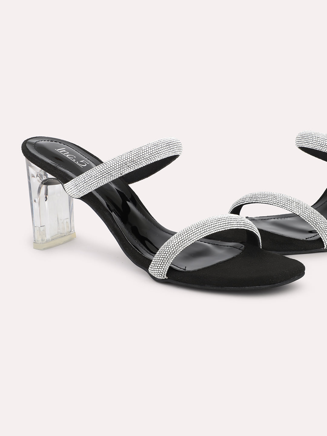 Women Black And Silver-Toned Embellished Block Heels