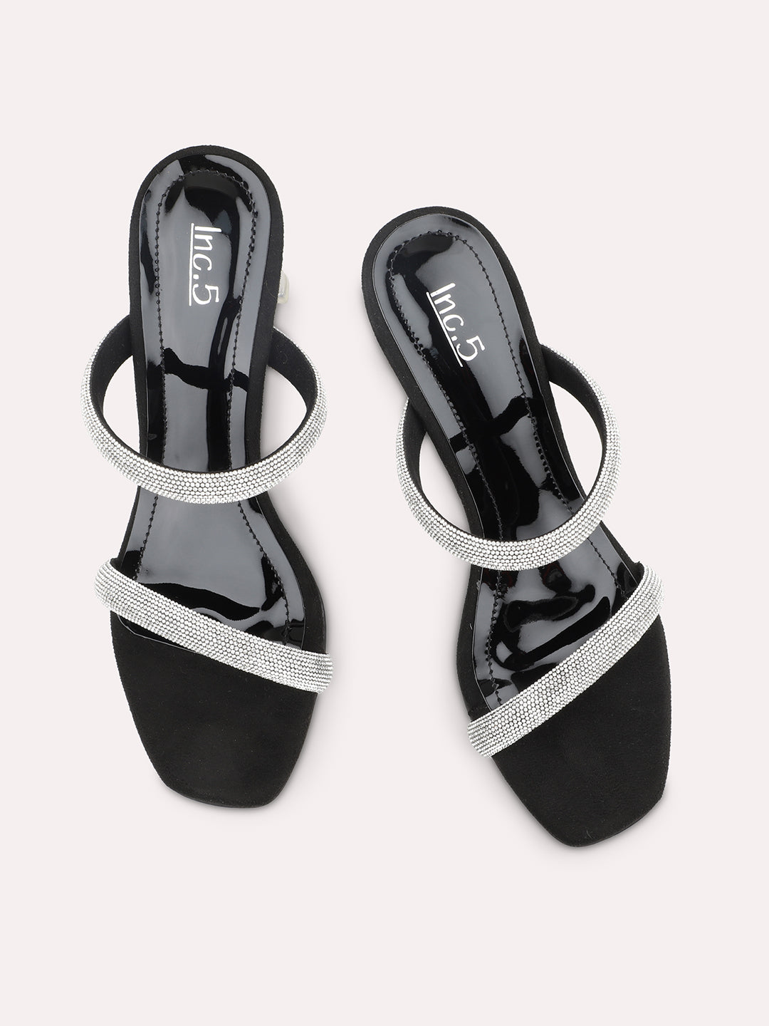 Women Black And Silver-Toned Embellished Block Heels