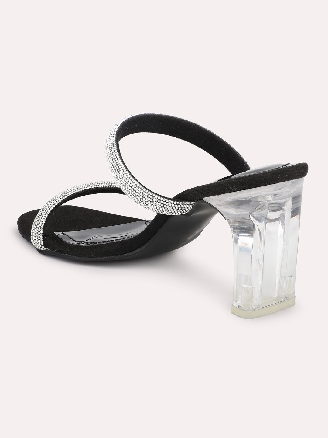 Women Black And Silver-Toned Embellished Block Heels