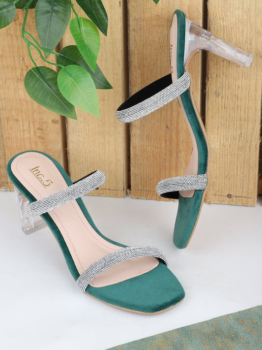 Women Green And Silver-Toned Embellished Two Strap Party Block Heels