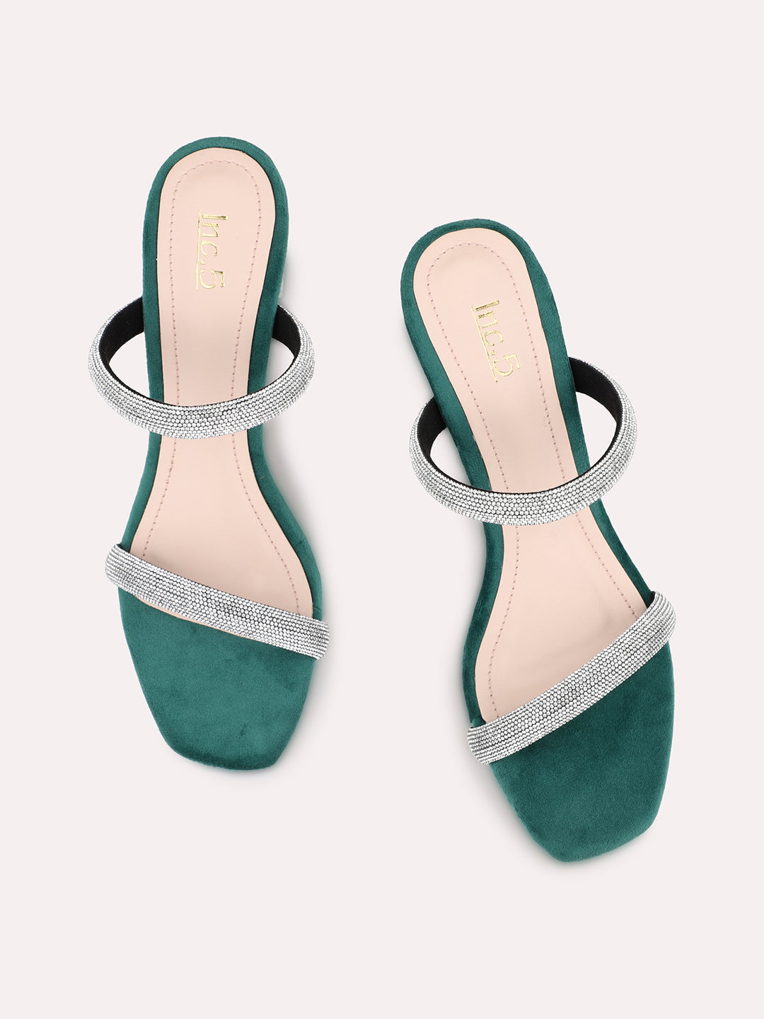 Women Green And Silver-Toned Embellished Two Strap Party Block Heels