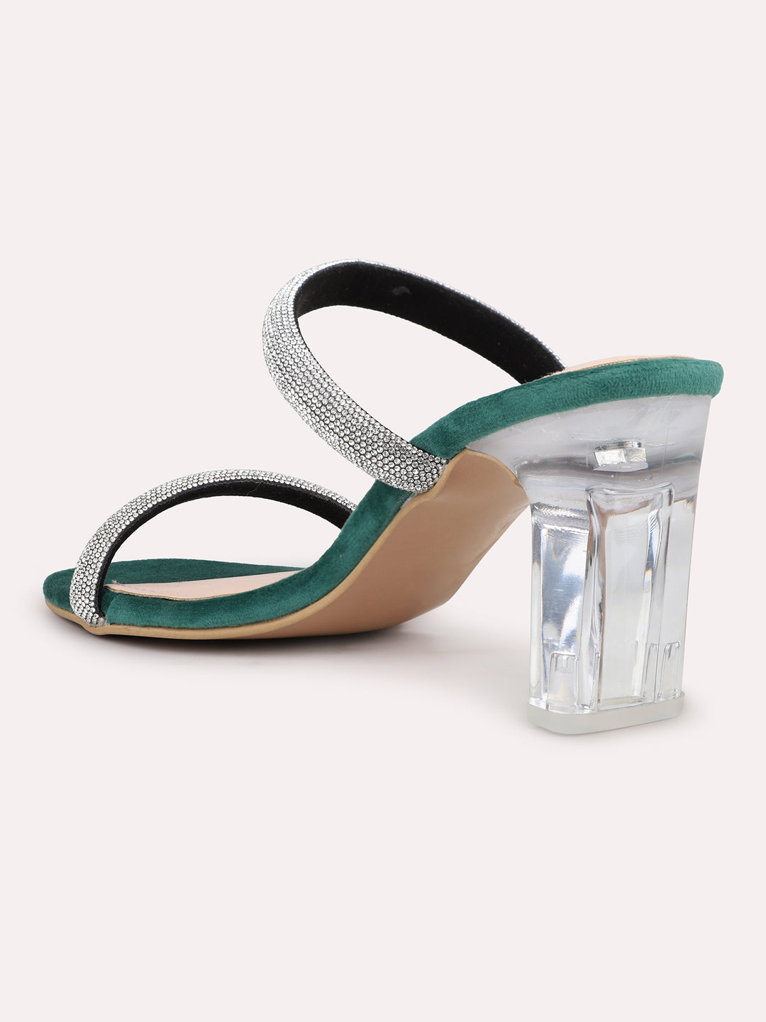 Women Green And Silver-Toned Embellished Two Strap Party Block Heels