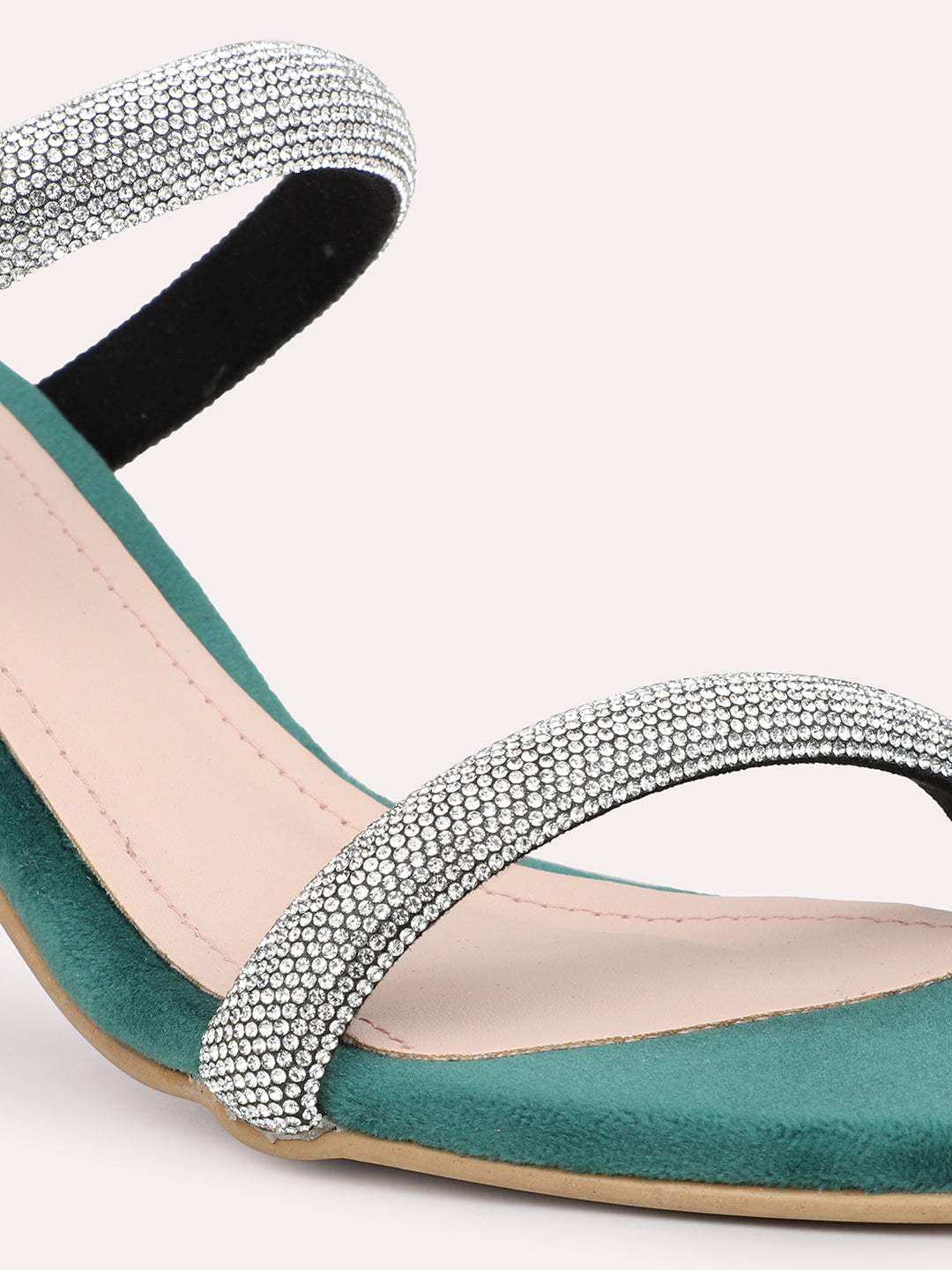 Women Green And Silver-Toned Embellished Two Strap Party Block Heels