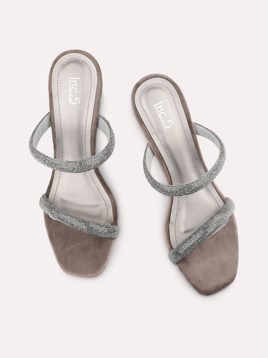 Women Grey And Silver-Toned Embellished Block Heels