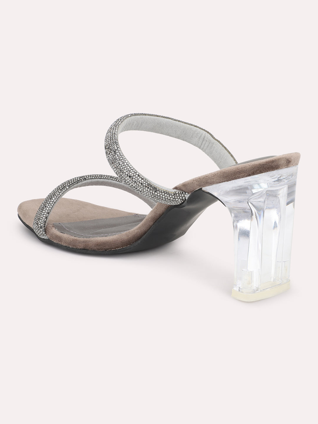 Women Grey And Silver-Toned Embellished Block Heels