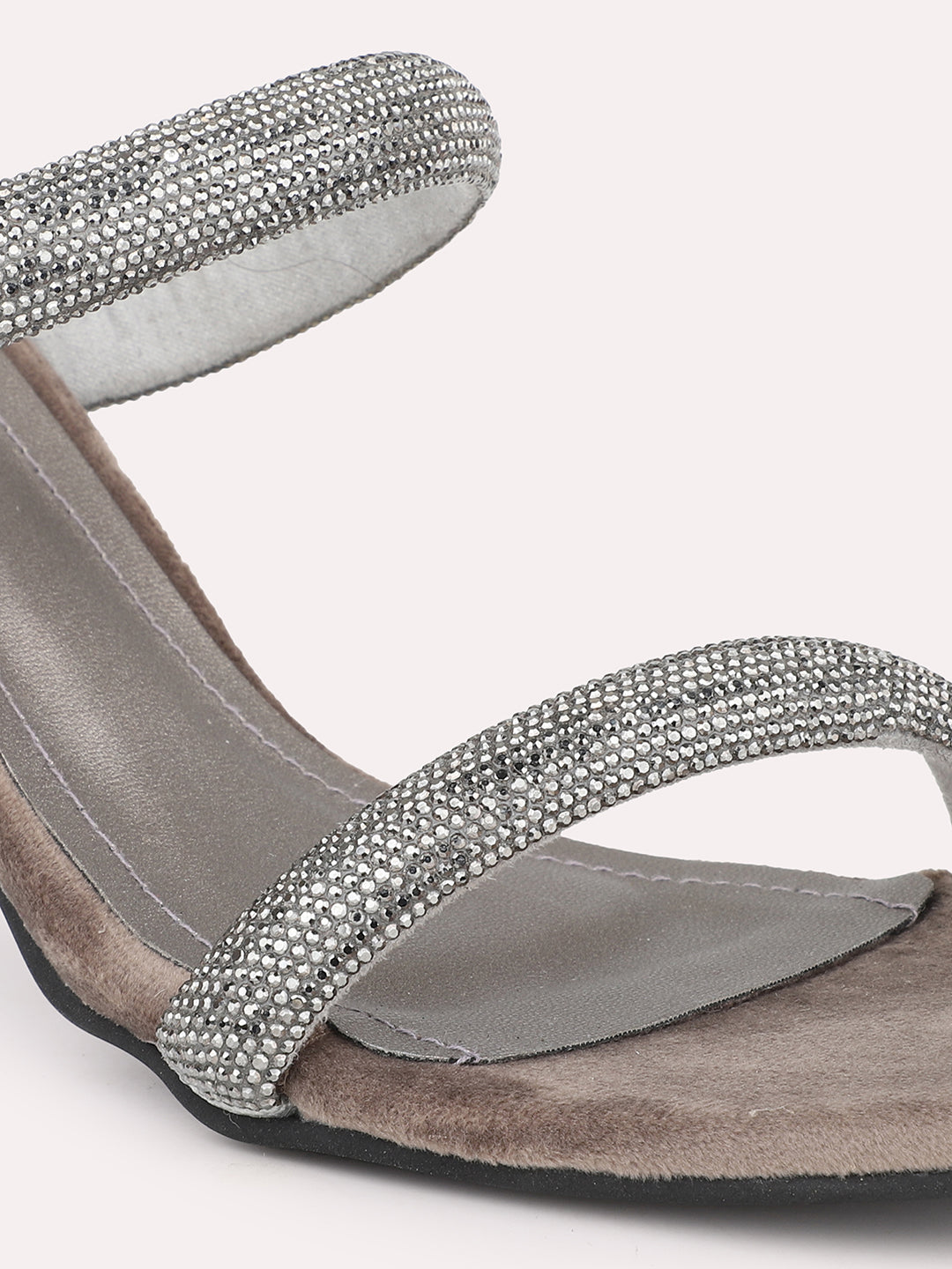 Women Grey And Silver-Toned Embellished Block Heels