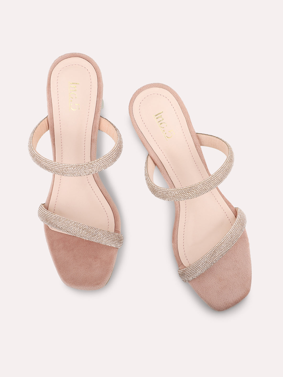 Women Peach And Gold-Toned Embellished Block Heels