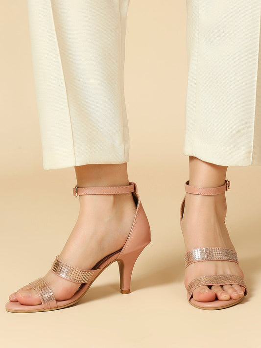 Women Peach Embellished Mid-Top Slim Heels