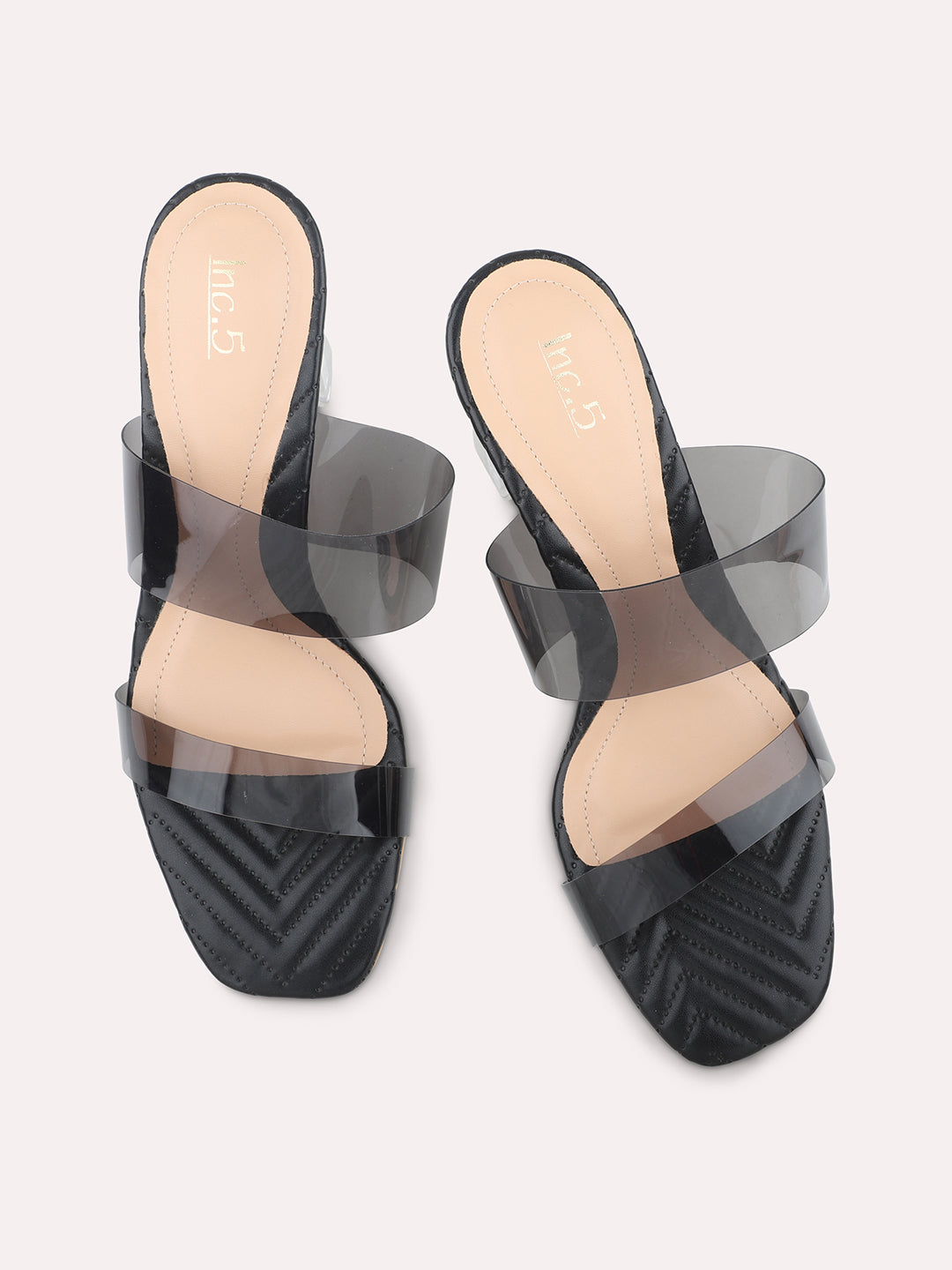 Women Black Transparent Double Strap Block Heels
