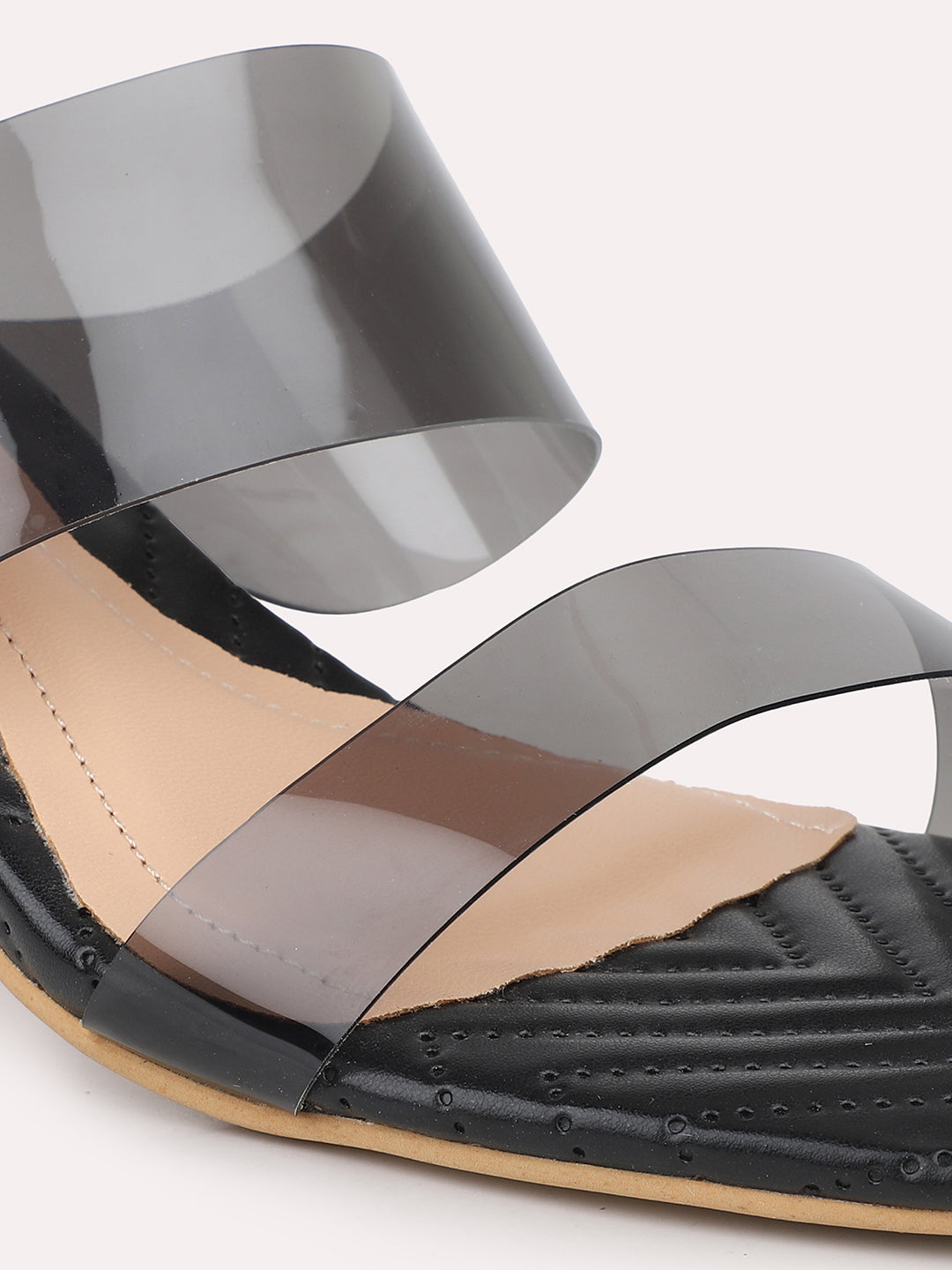 Women Black Transparent Double Strap Block Heels
