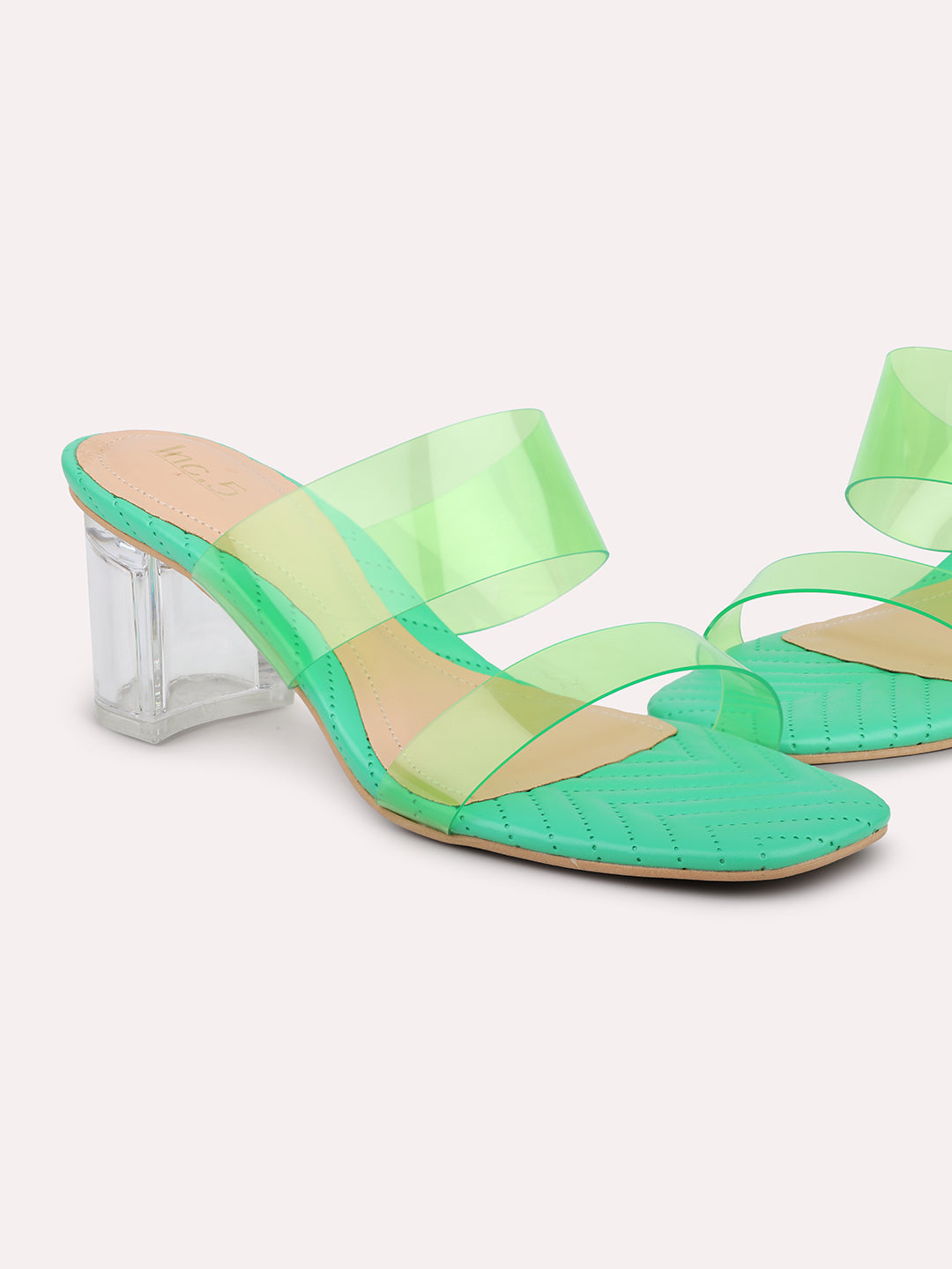 Women Green Transparent Double Strap Block Heels