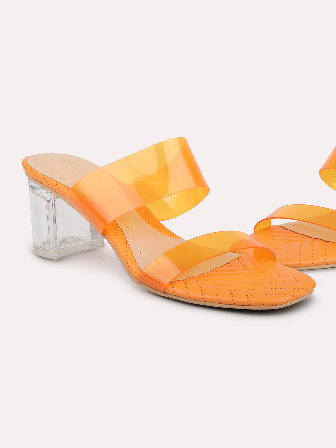 Women Orange Transparent Double Strap Block Heels