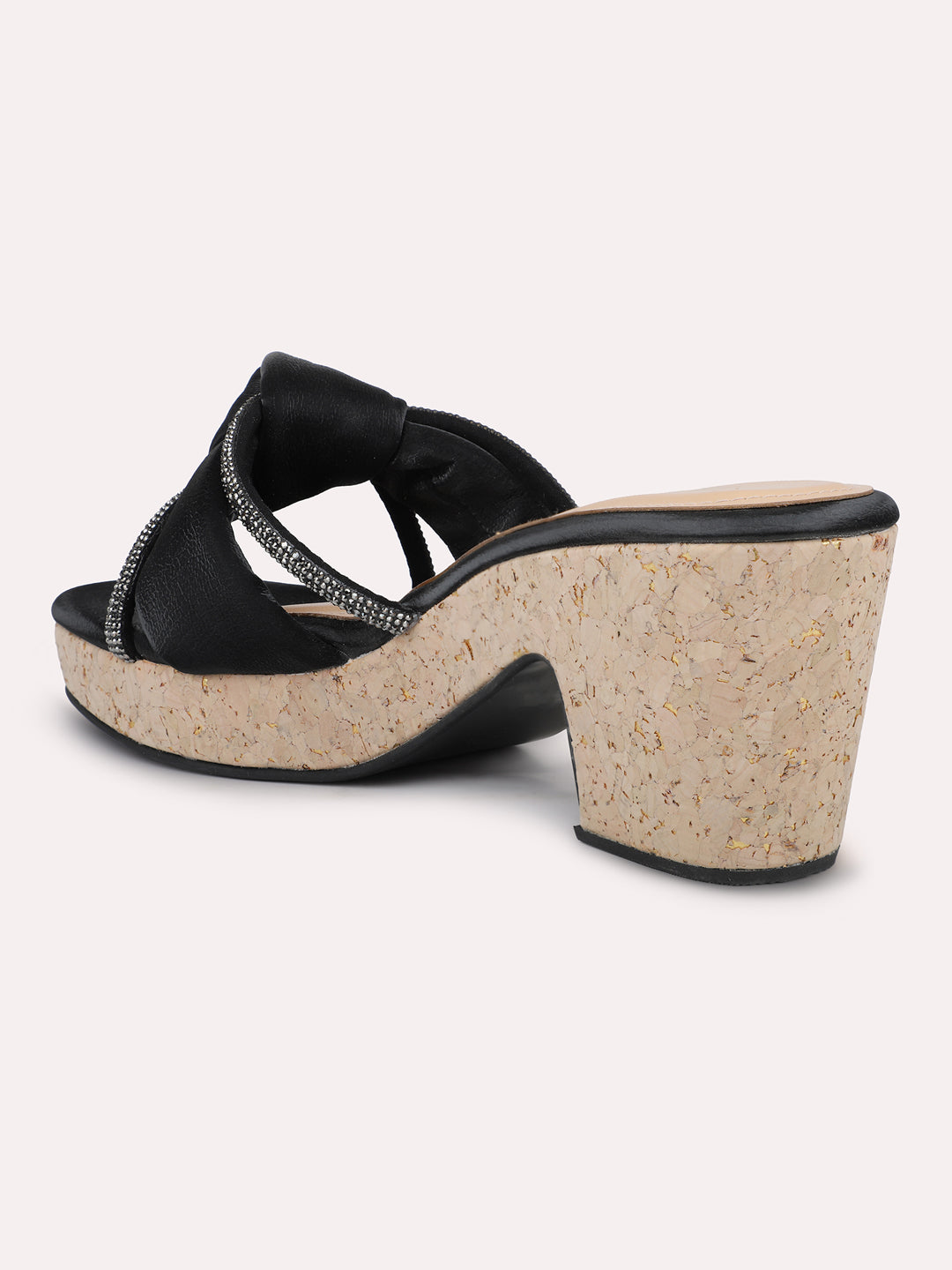 Women Black Embellished Cork Finish Open Toe Platform Heels