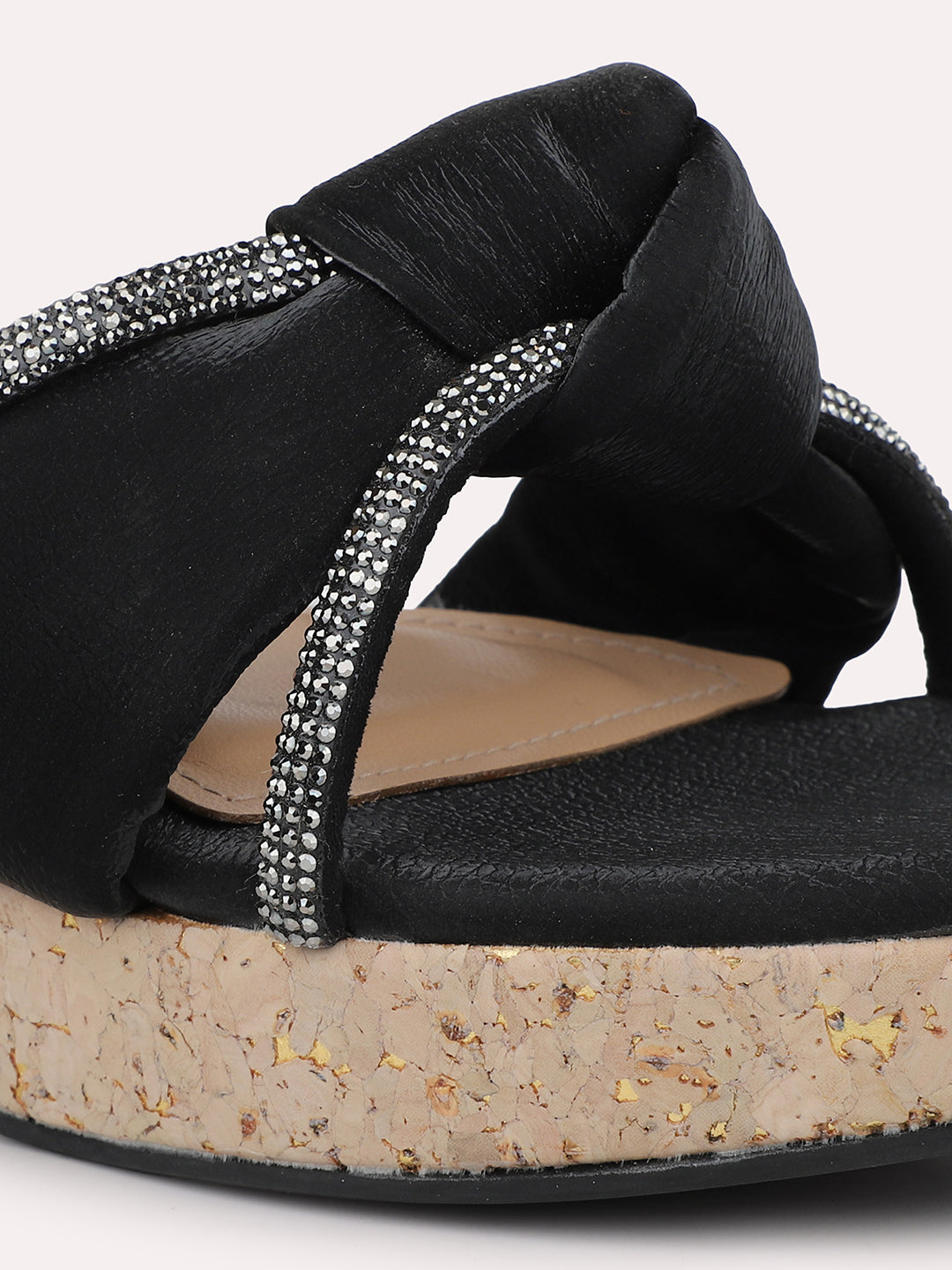 Women Black Embellished Cork Finish Open Toe Platform Heels