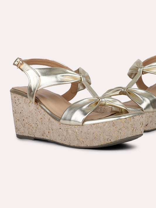 Women Gold Cork Finish Embellished Buckle Detail Wedge Heels