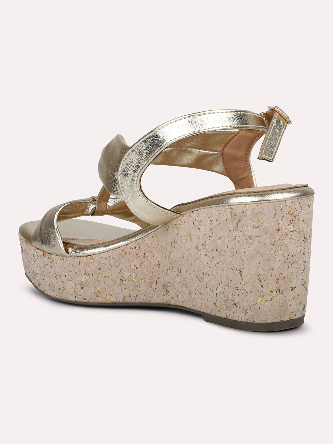 Women Gold Cork Finish Embellished Buckle Detail Wedge Heels