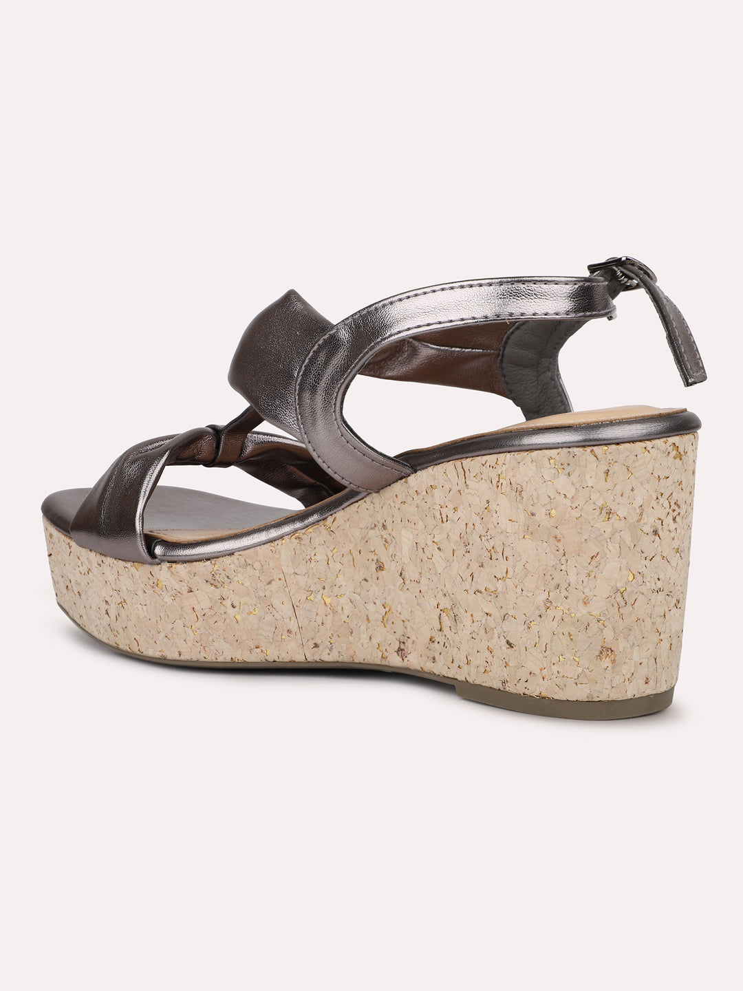 Women Pewter Finish Embellished Buckle Detail Wedge Heels