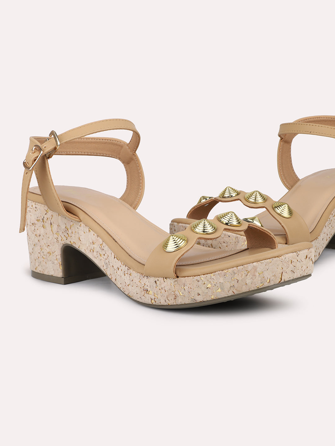 Women Beige Cork Finish Platform Sandals With Buckle Detail