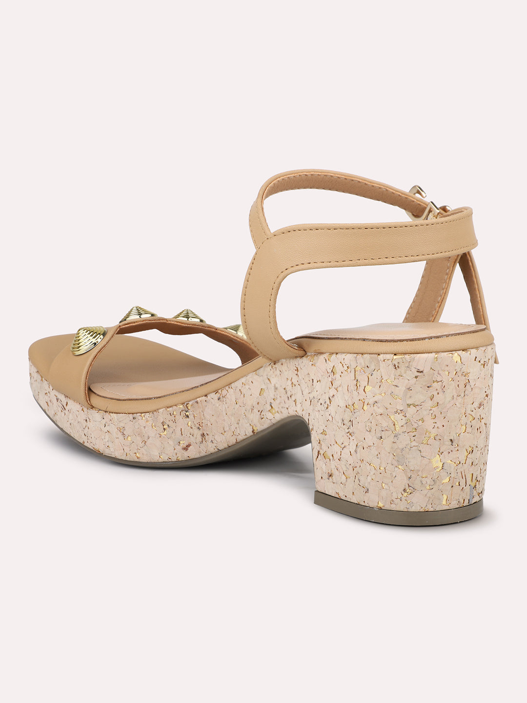 Women Beige Cork Finish Platform Sandals With Buckle Detail