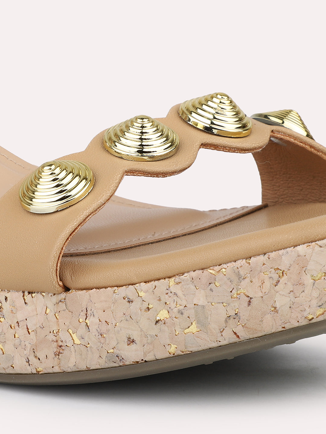 Women Beige Cork Finish Platform Sandals With Buckle Detail