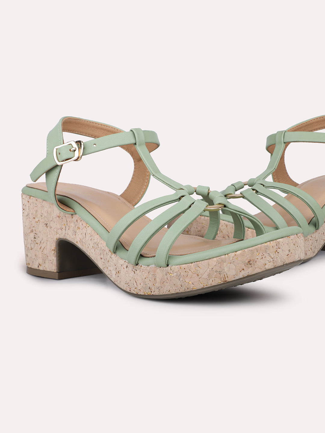 Women Pista Cork Finish Strappy Platform Heels With Buckle Closure