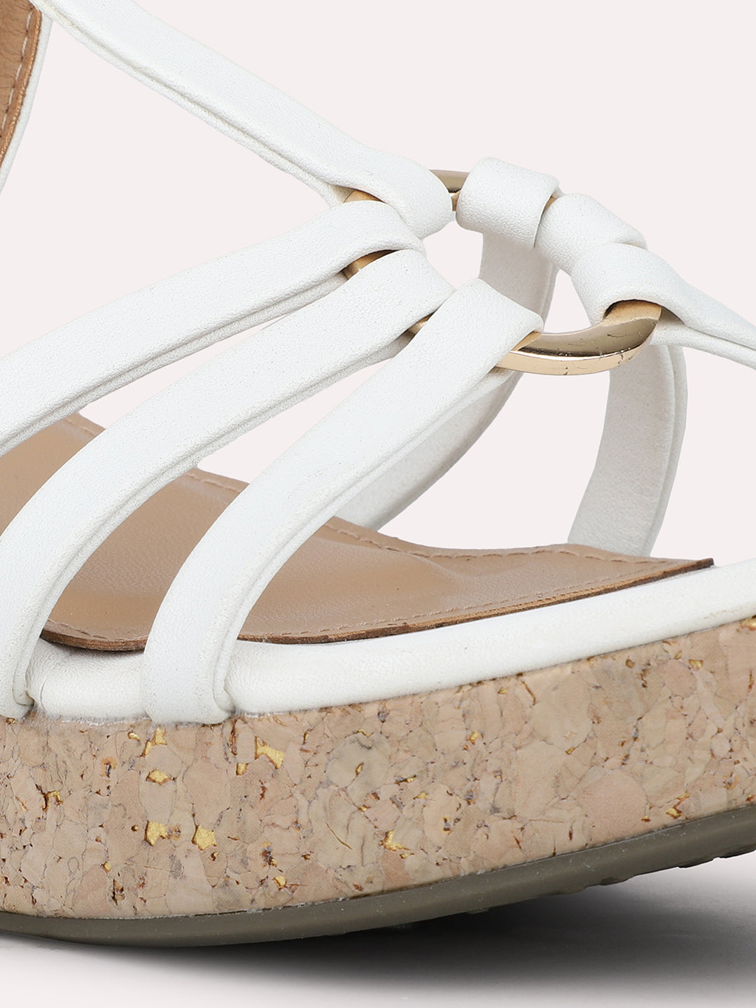 Women White Cork Finish Strappy Platform Heels With Buckle Closure