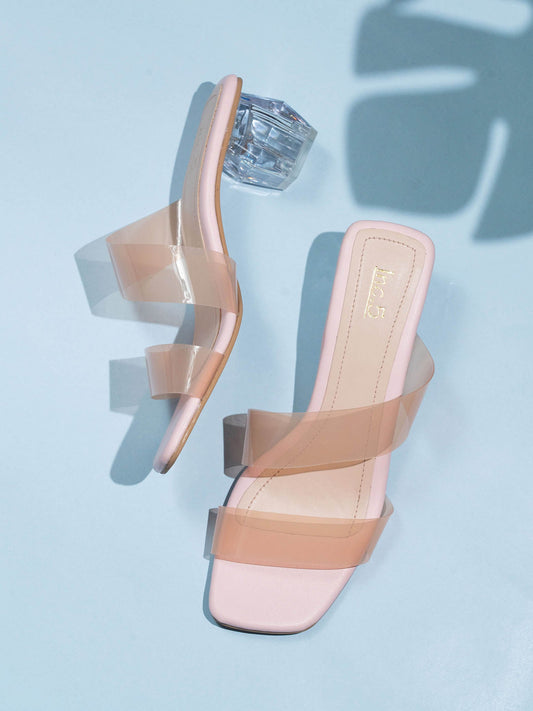 Women Peach Transparent Double Straps Block Heels