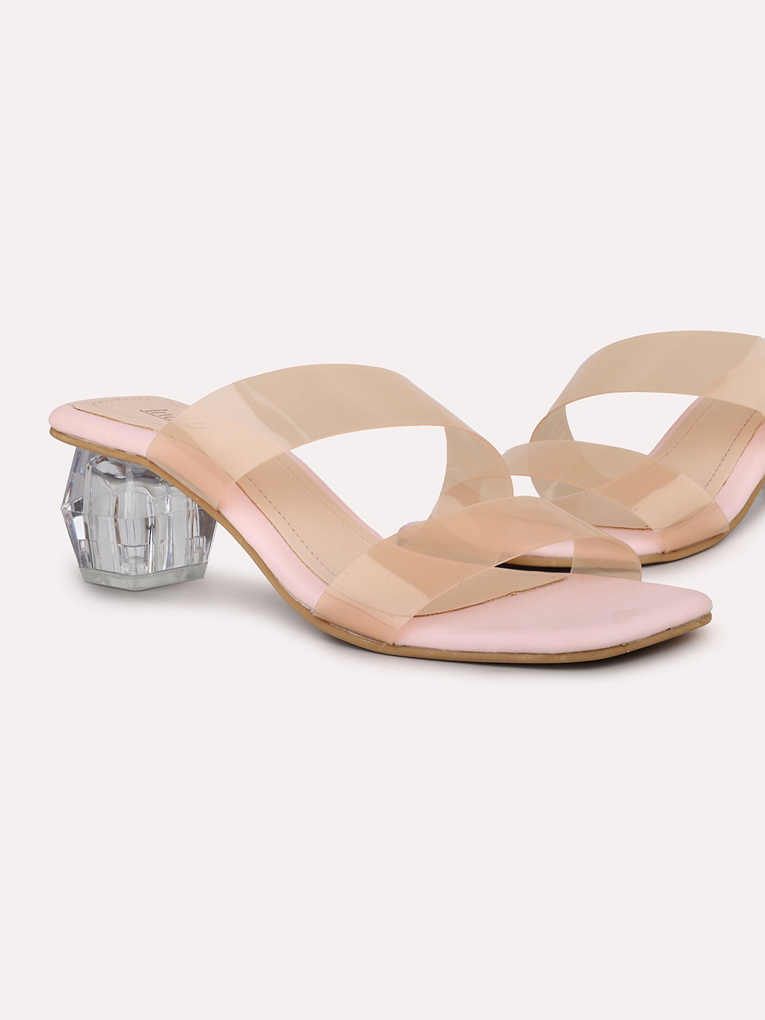 Women Peach Transparent Double Straps Block Heels