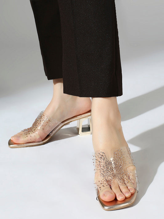 Women Rose Gold Transparent Embellished Party Block Heels