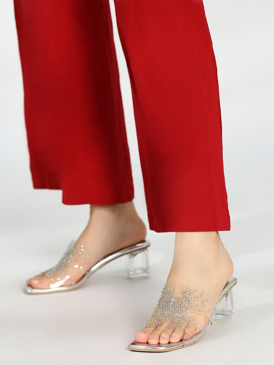 Women Silver Transparent Embellished Party Block Heels