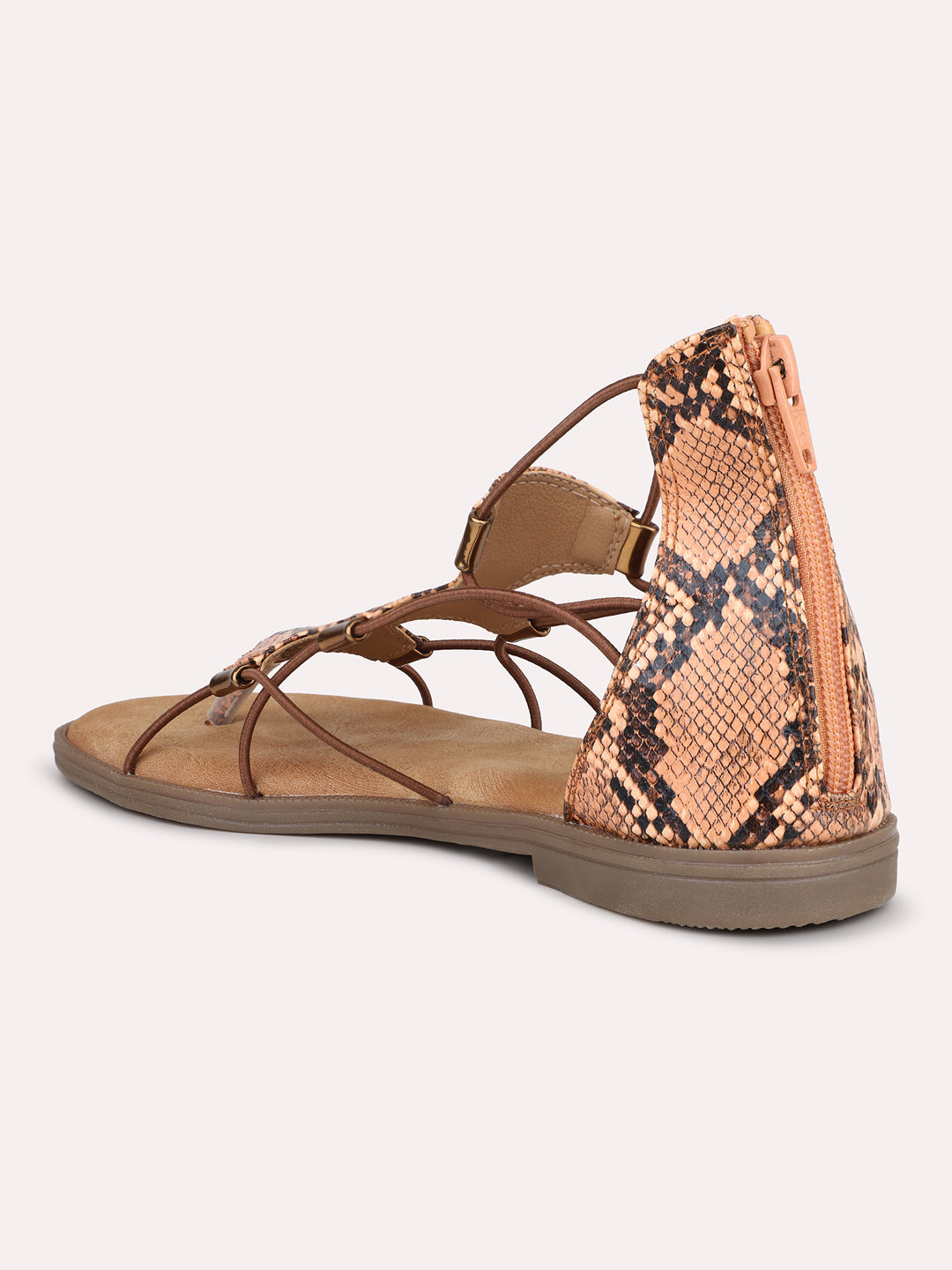 Women Tan Textured Strappy Open Toe Gladiators