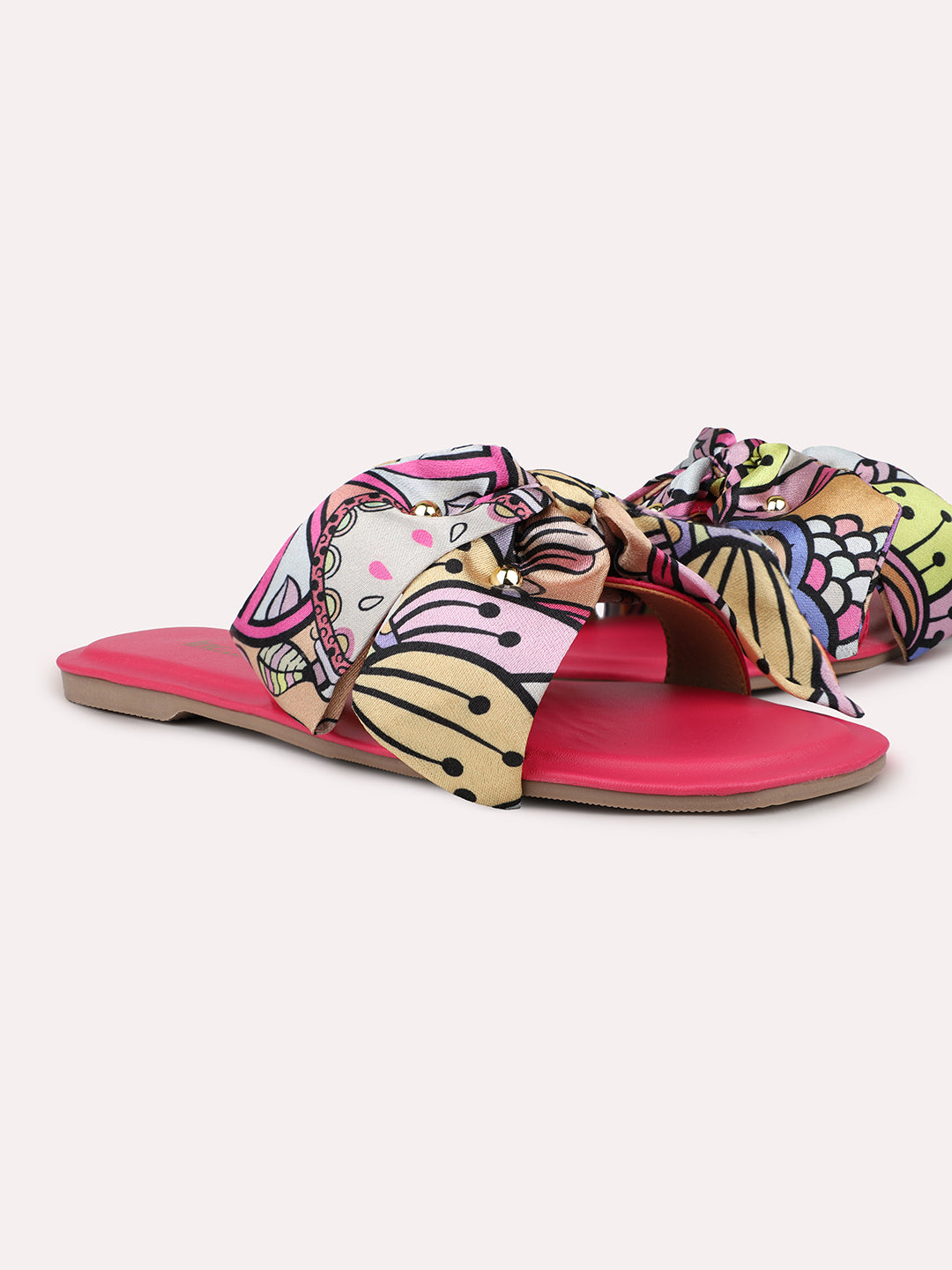 Women Pink Printed Open Toe Flats With Bows