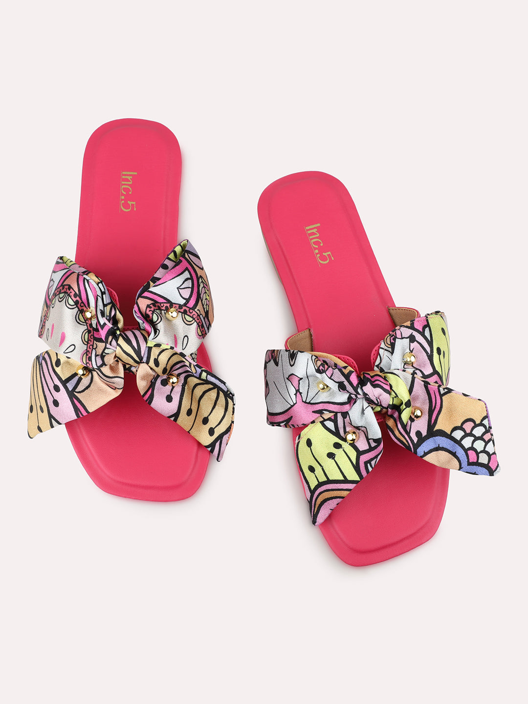 Women Pink Printed Open Toe Flats With Bows