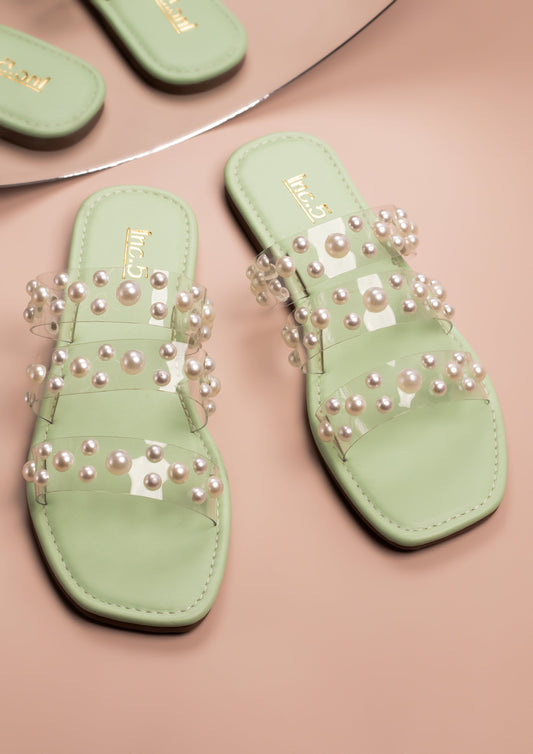 Women Pista Western Embellished Open Toe Flats with Pearl Studded
