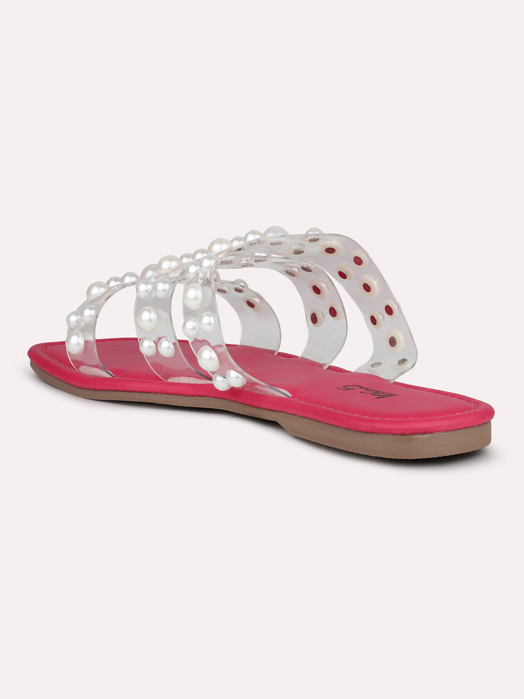 Women Pink Western Embellished Open Toe Flats with Pearl Studded