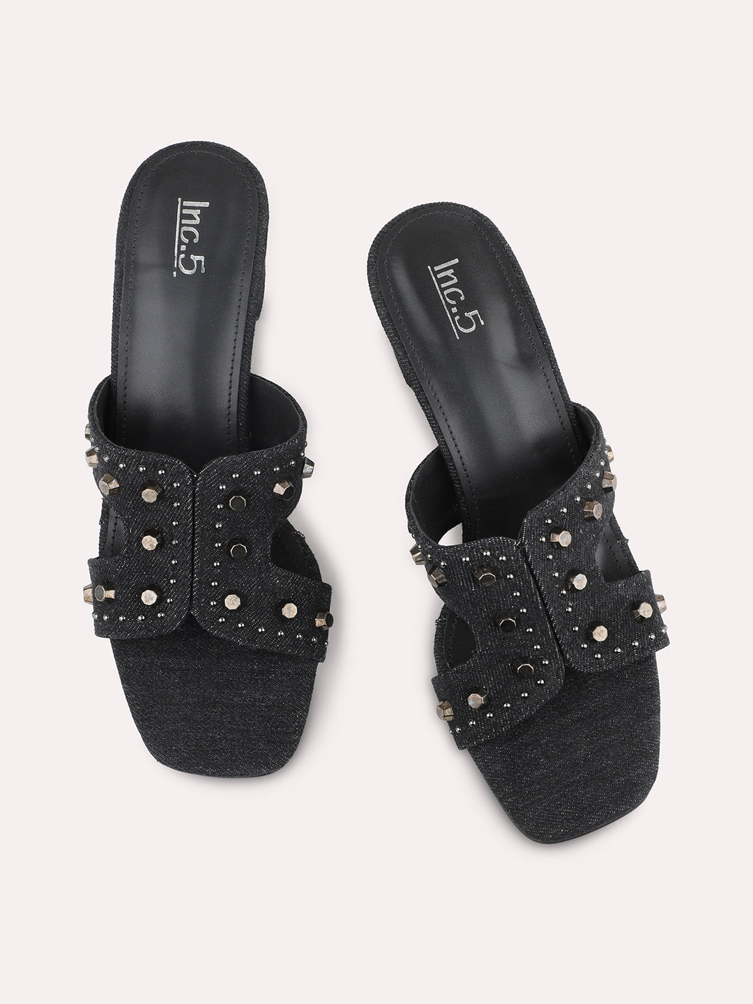 Women Black Denim Round Metal Studded Open Toe Block Heels