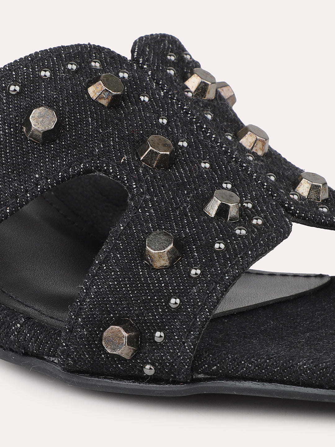 Women Black Denim Round Metal Studded Open Toe Block Heels