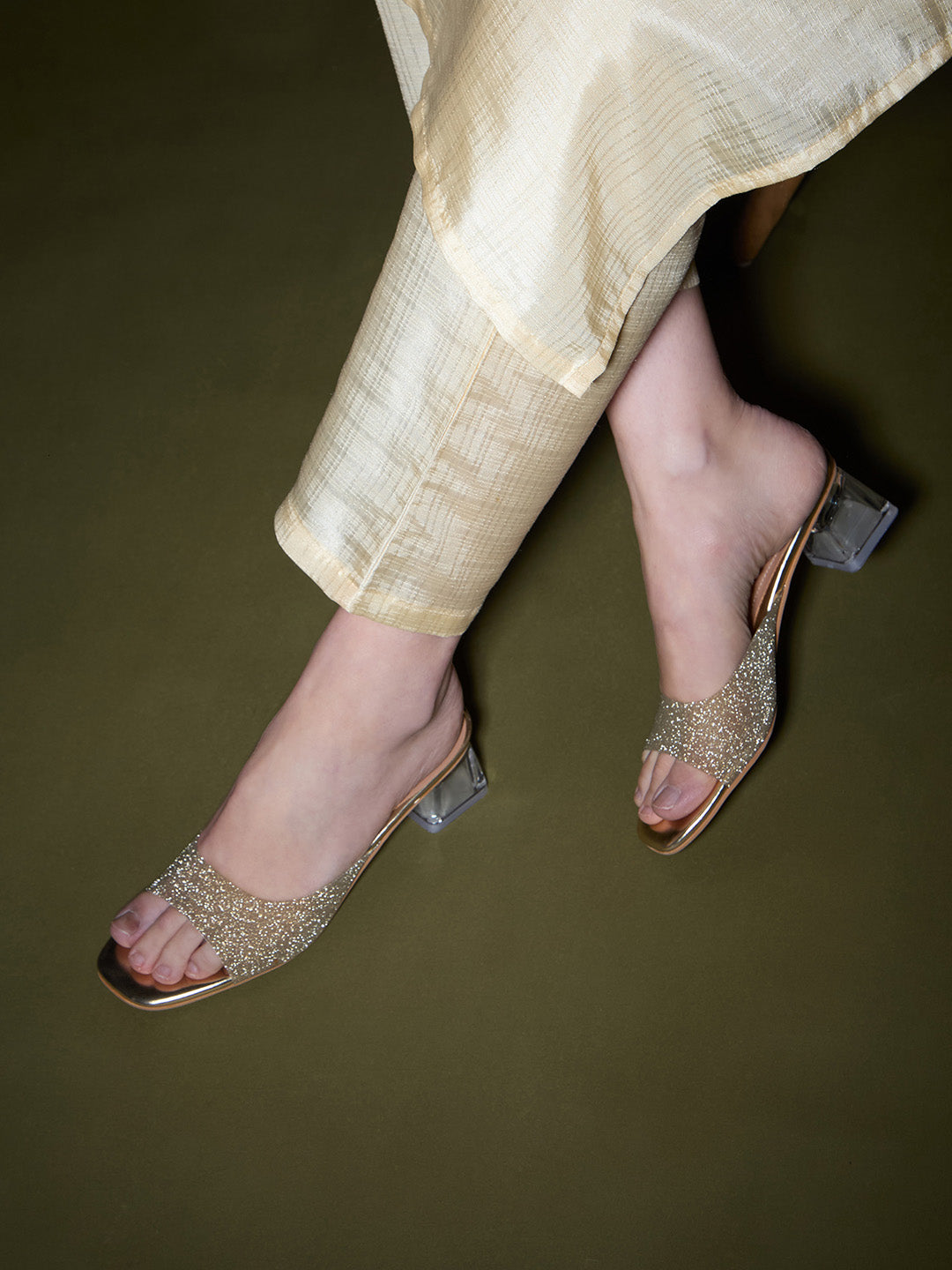 Women Gold-Toned Embellished Block Sandals