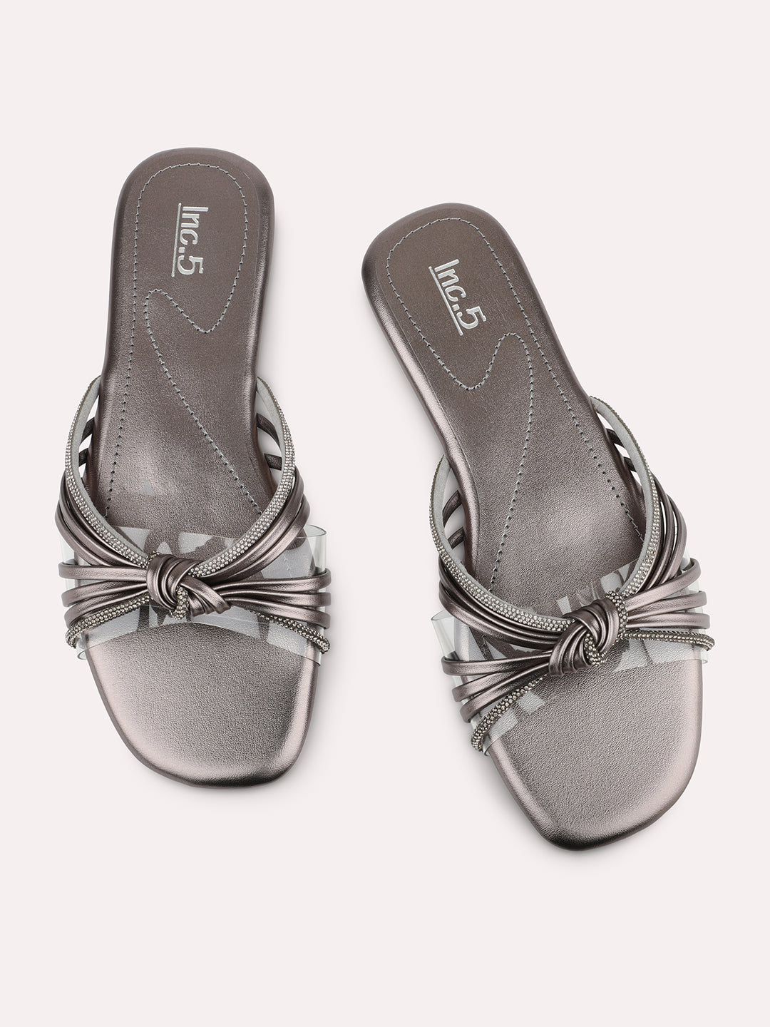 Women Pewter Embellished Strappy Open Toe Flats with Knot Detail