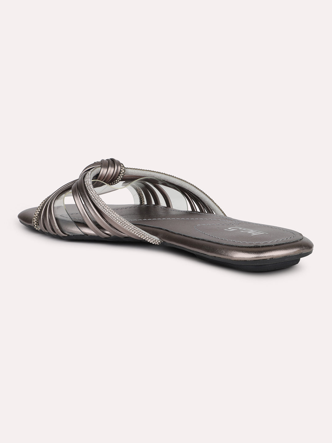 Women Pewter Embellished Strappy Open Toe Flats with Knot Detail